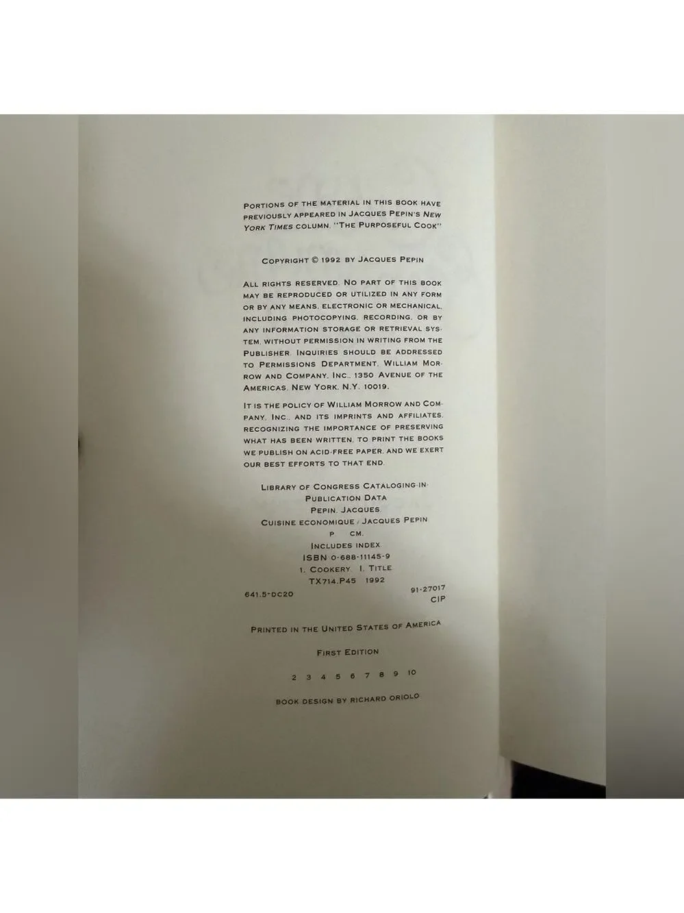 Cuisine Économique Cookbook by Jacques Pepin. 1992 signed by author. Hardback